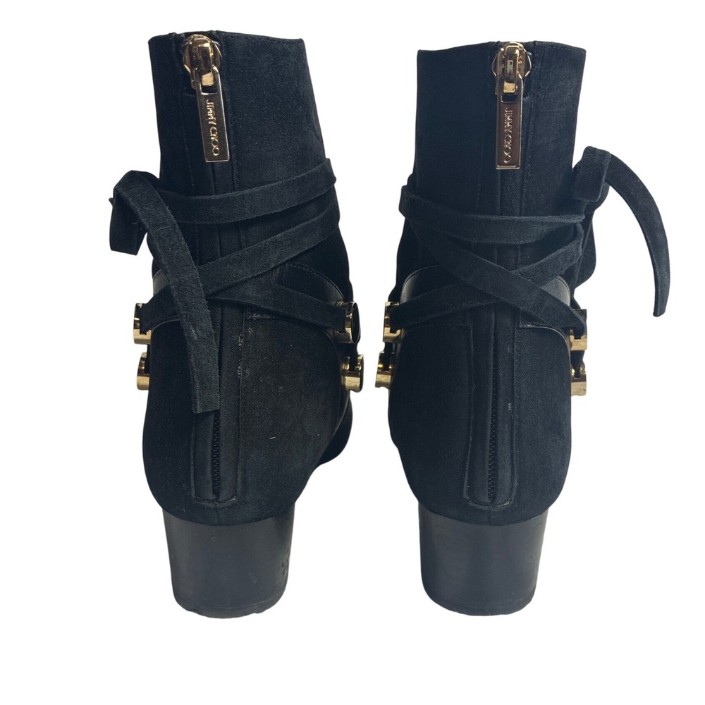 Jimmy Choo Houston 45 Black Suede Wrap Tie Ankle Boots Gold Hardware 38.5 - Picture 4 of 11